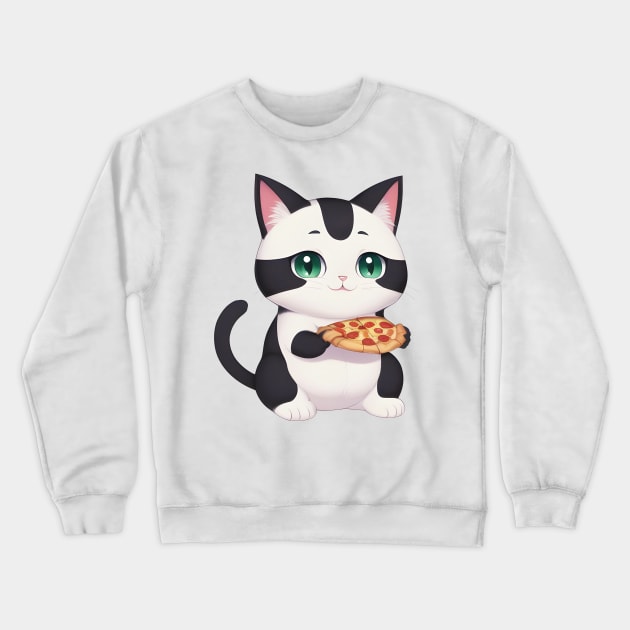 Cute Cat Eating a Pizza Crewneck Sweatshirt by PHDesigner